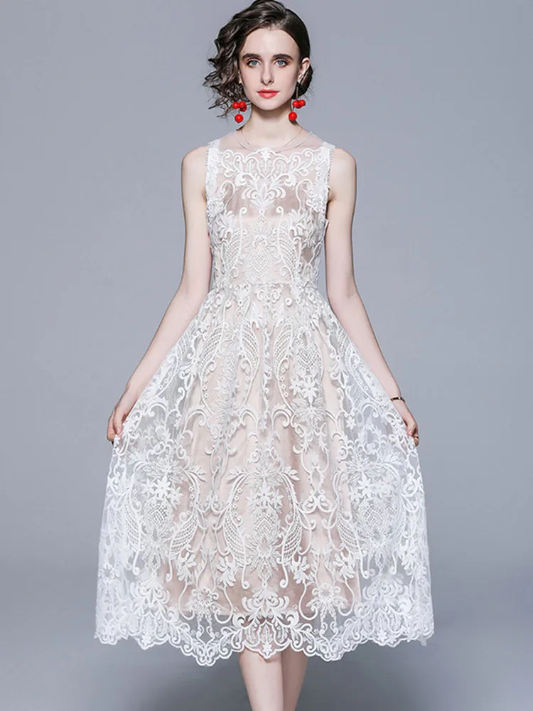 

Женское модельное длинное платье без рукавов, элегантное Сетчатое праздничное платье-миди А-силуэта с О-образным вырезом и вышивкой, лето