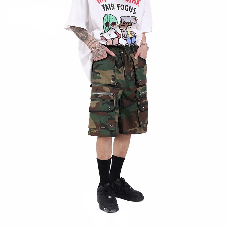 

Mens Camouflage Cargo Shorts Retro Hip Hop Multi-Pocket Rits Camou Shorts Modieuze Mannen Vrouwen Casual Functie Cargo Broek
