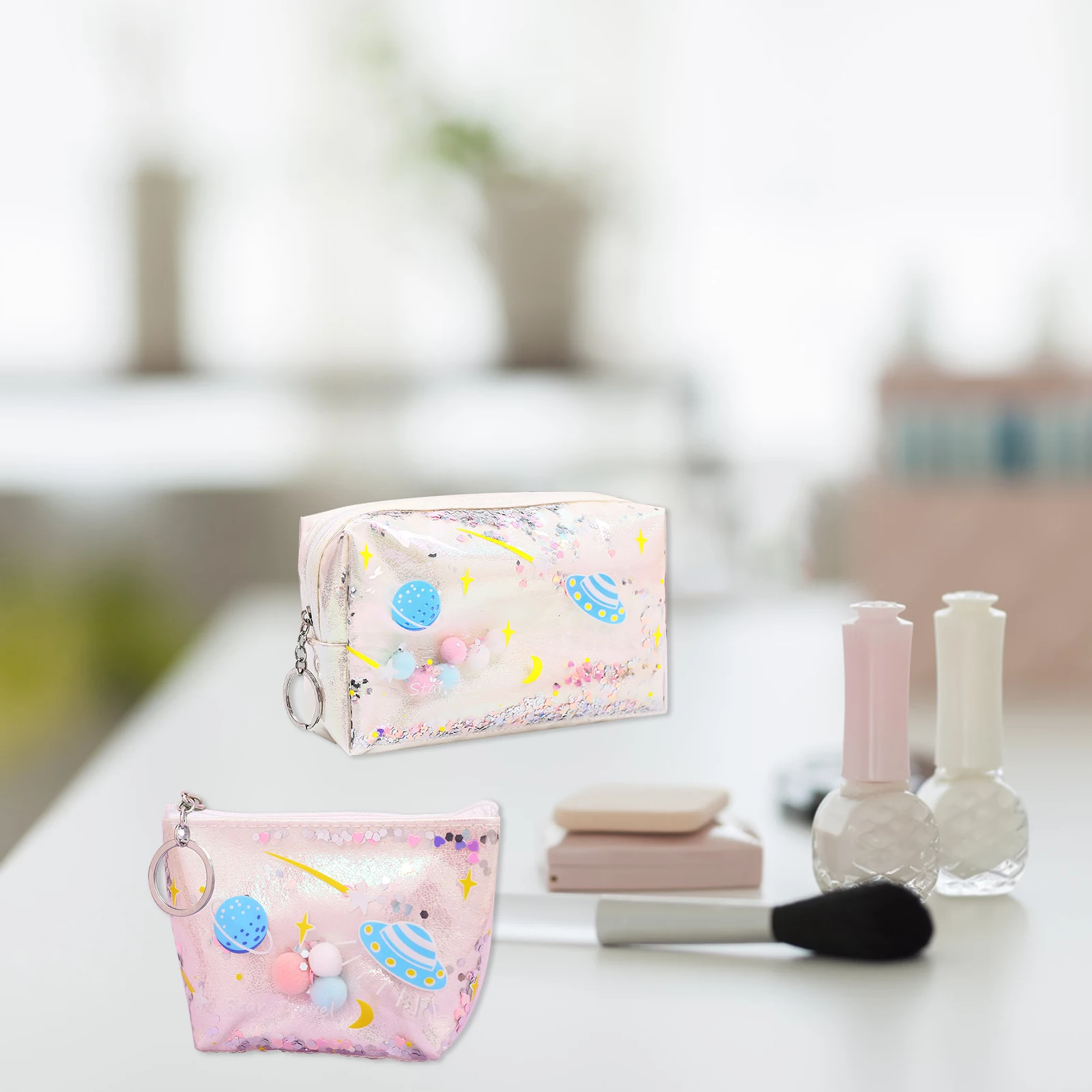 

2pcs Holographic Cosmetic Makeup Bag, Iridescent Portable Zippered Toiletry Bag Waterproof Female Jelly Bag Lady Make up Pouch