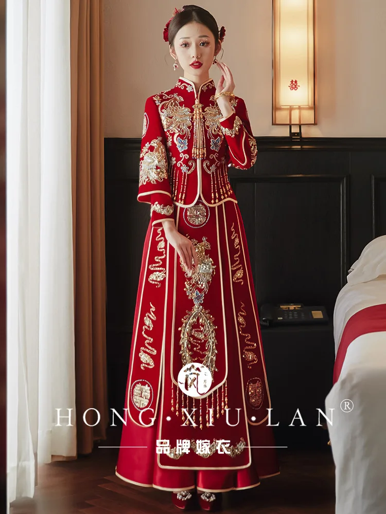 Chinese Women Beads Tassels Cheongsam Velour Qipao Exquisite Phoenix Embroidery Wedding Dress Bride Oriental Marrige Set