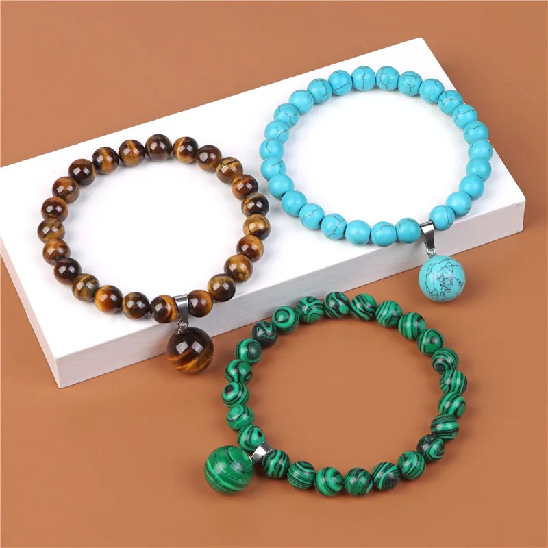 

Natural Stone 8mm Round Bead Bracelets Tiger Eye Synthetic Turquoises Crystals Beaded Bracelet Energy Healing Bracelet Women Men