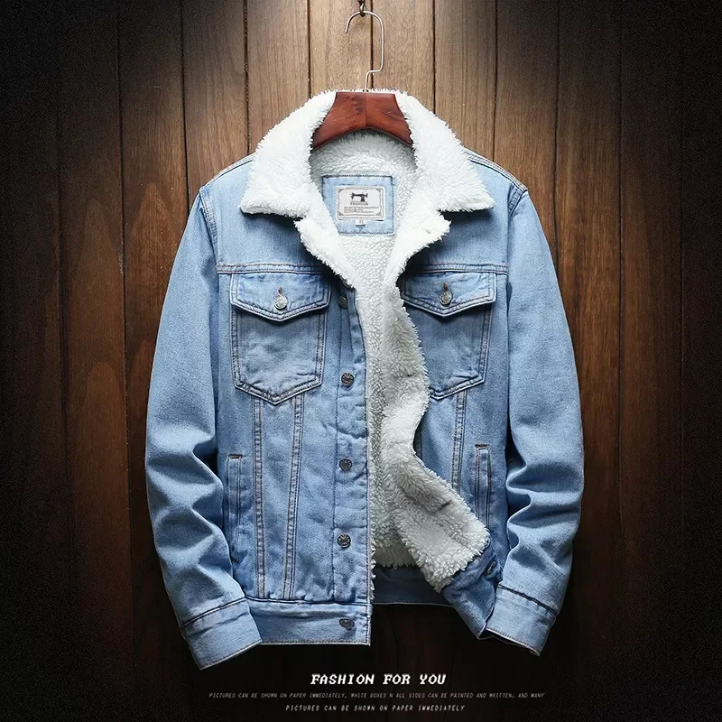 

2022New Light Blue Winter Jean Jackets Outerwear Warm Denim Coats New Men Large Size Wool Liner Thicker Winter Denim Jackets Siz