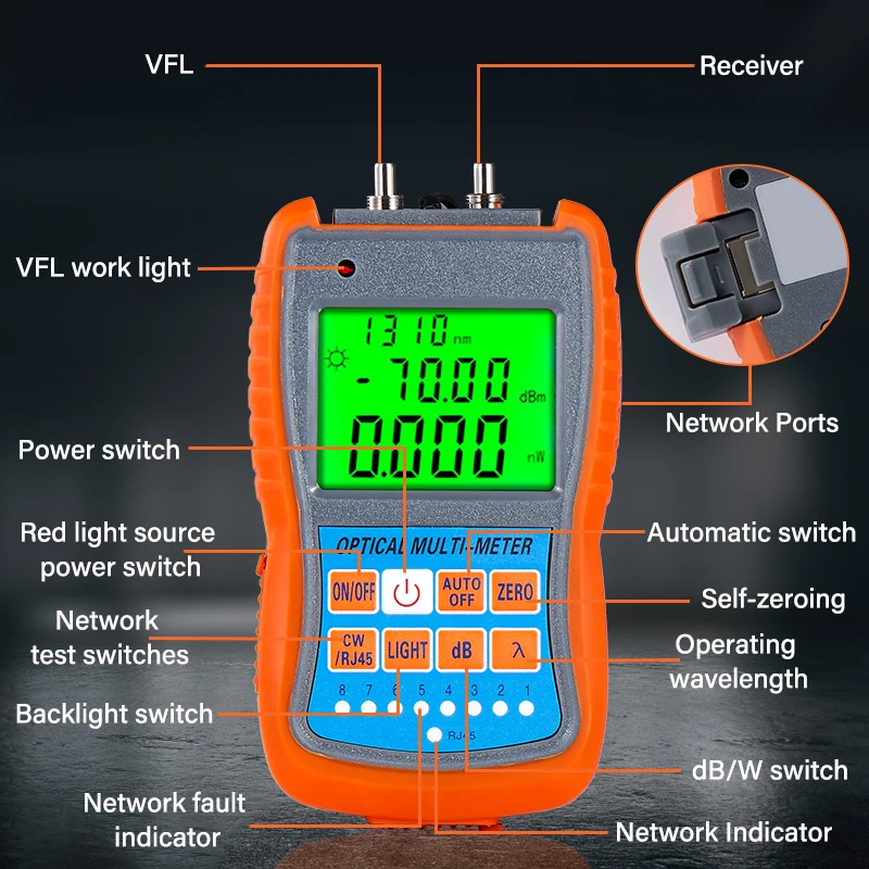 4 in1 Mini Optical Power Meter FTTH Handheld Fiber Optical Cable Test OPM -50~+26/-70~+10dBm With Network Test/LED Light