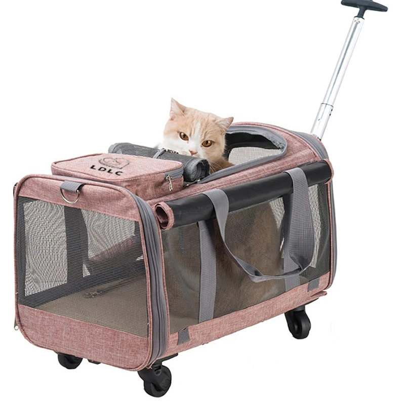 Cat Dog Carrier Portable Pet Trolley with Removable Wheels and Telescopic Handle Multi-Function Outdoor Travel Dog Carrier Bag