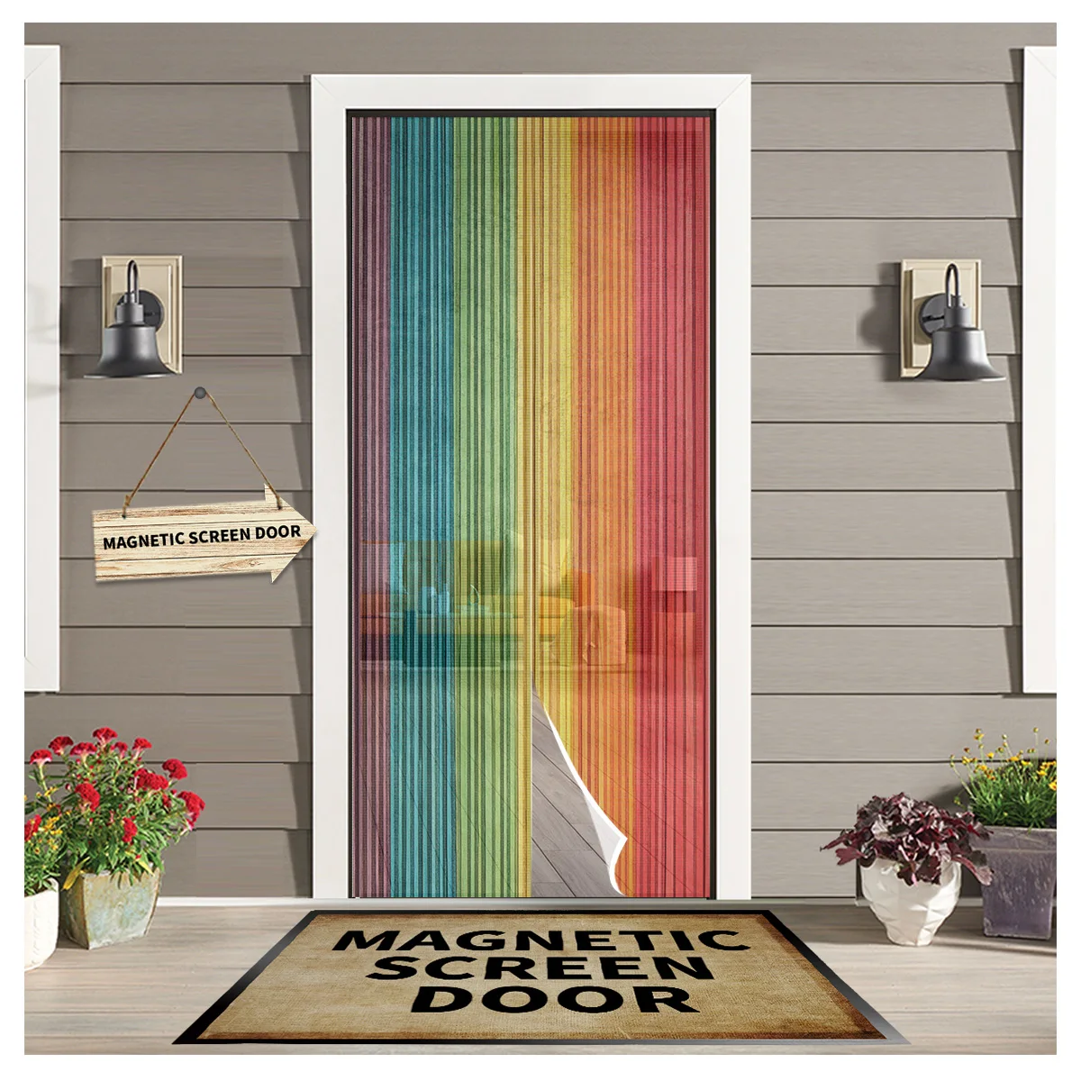 

Rainbow Wood Grain Door Curtains Summer Magnetic Anti-mosquito Screen Insect Fly Bug Home Kitchen Printed Curtains