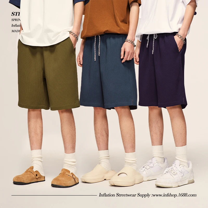 

INFLATION Solid Color Breathable Waffle Shorts Men Summer Straight Leg Lounge Sweat Shorts Male Track Shorts