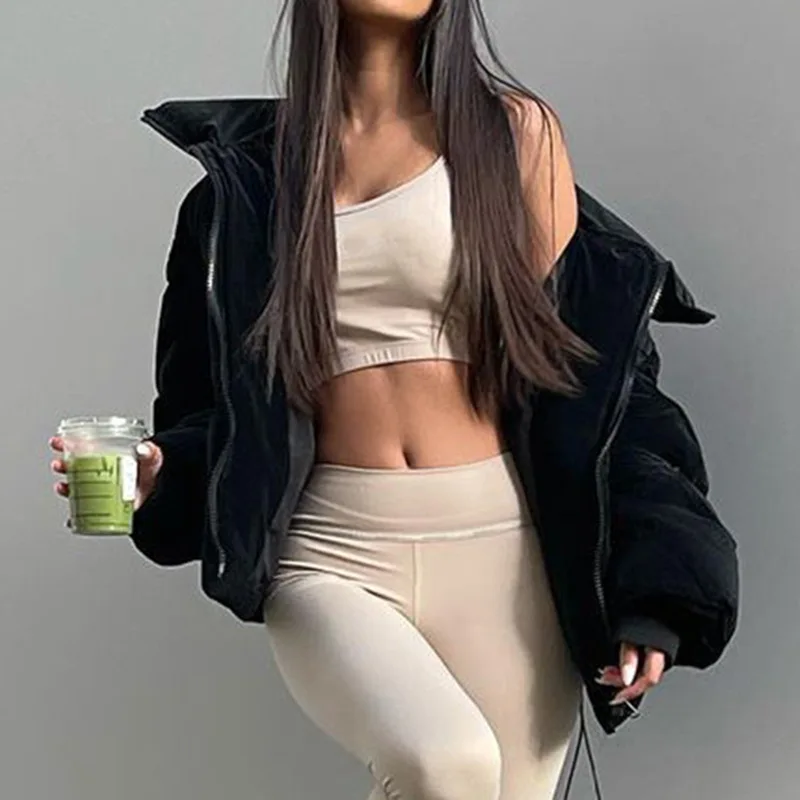 Velvet Zip Up Women Winter Down Jacket Solid Casual Turn-down Collar Quilted Coat Vintage Warm Parkas Black Overcoat Snow Coats