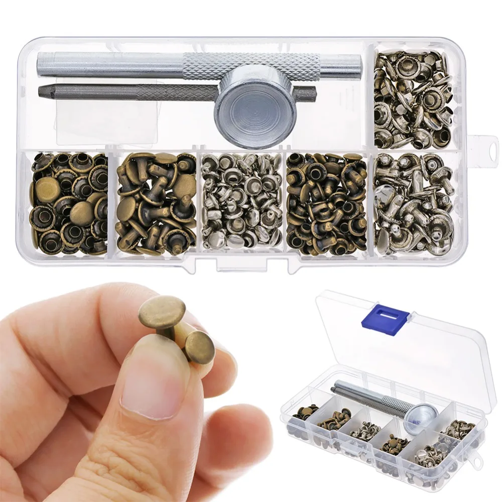 

120 Set New Leather Rivets Single Cap Rivets Tubular Metal Studs with Fixing Tool Kit for Leather Craft Repairing