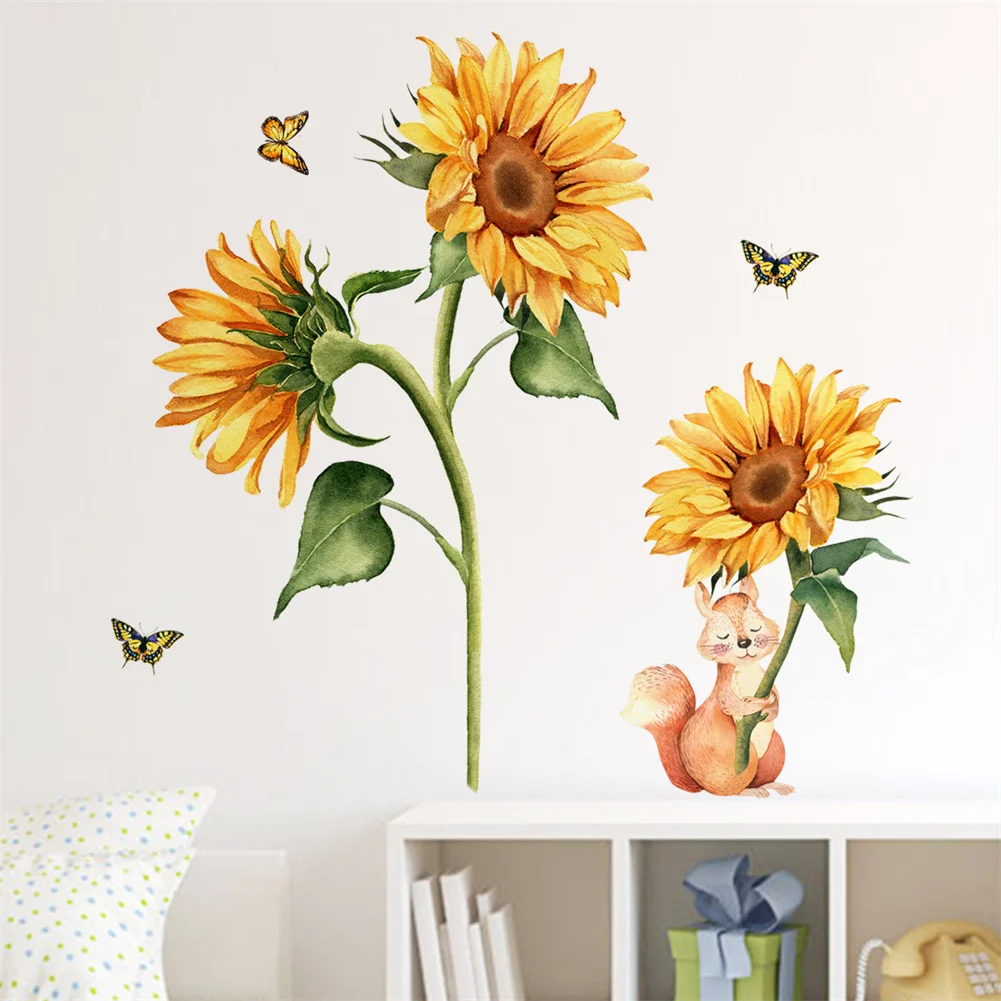 

Sunflowers Wall Stickers 1 Set Wall Sticker(2pcs) 30*60cm*2pcs Autohesion Fresh Green Plant Sunflower Butterfly