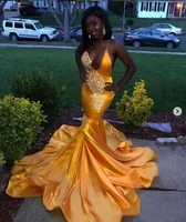 Black Girls Gold Mermaid Prom Dresses Open Back Sweep Strain Lace Deep V-Neck Spaghetti Formal Evening Dress Party Gowns
