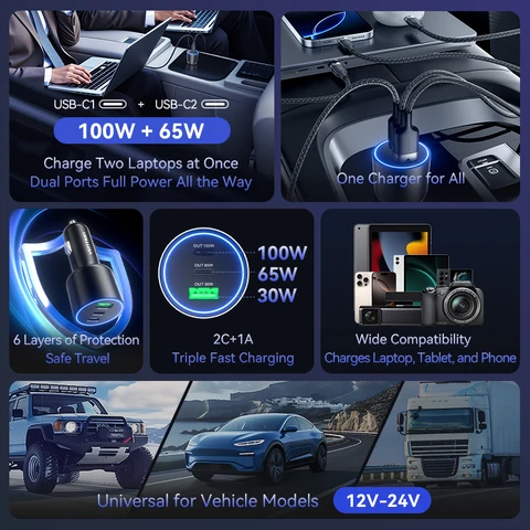 Автомобильное зарядное устройство Vention 165 Вт USB C, 3 порта PD QC 4,0 45 Вт для Samsung S25 iPhone 17 16 Macbook 100 Вт, адаптер для быстрой зарядки со светодиодом