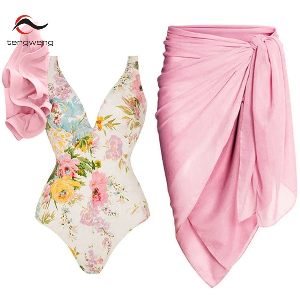 

Swimwear Floral-print Bikini Ruffle One Piece Swimsuit Sexy V-Neck Chic Bathing Suit Summer Beachwear Slim Backless Monokini