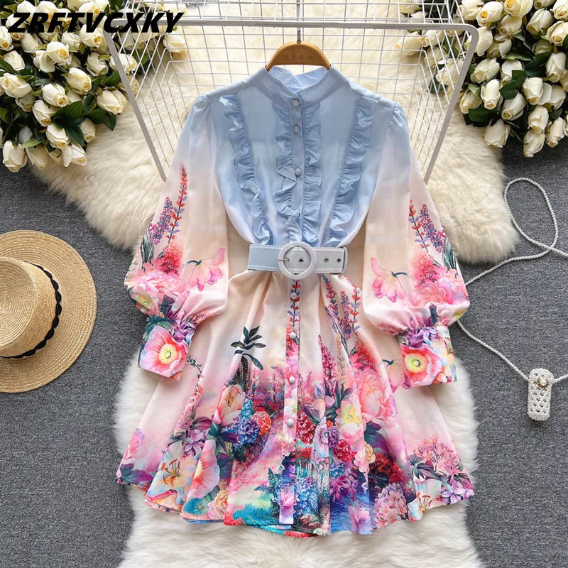 

Runway Designer Flower Print Linen Dress Women Autumn Fashion Ruffles Lantern Sleeve Single Breasted Short Dress Vestidos