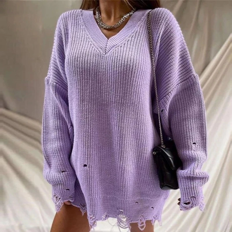 

Women Solid Color Knitted Sweater Tops Loose V-Neck Oversized Long Sleeve Sweater Autumn Winter Pullovers