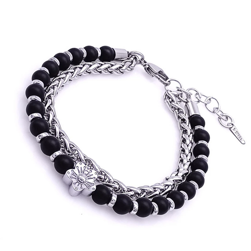 

Модный мужской браслет из нержавеющей стали с черными бусинами, браслет из нержавеющей стали с цепочкой в стиле панк-рок, ювелирные изделия,...