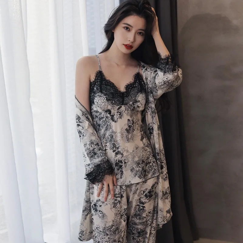 

Print 3PCS Women Pajamas Suit Ice Silk Sexy Sleepwear Lace V-Neck Strap Pant Nightwear Ice Silk Robe Gown Intimate Home Wear