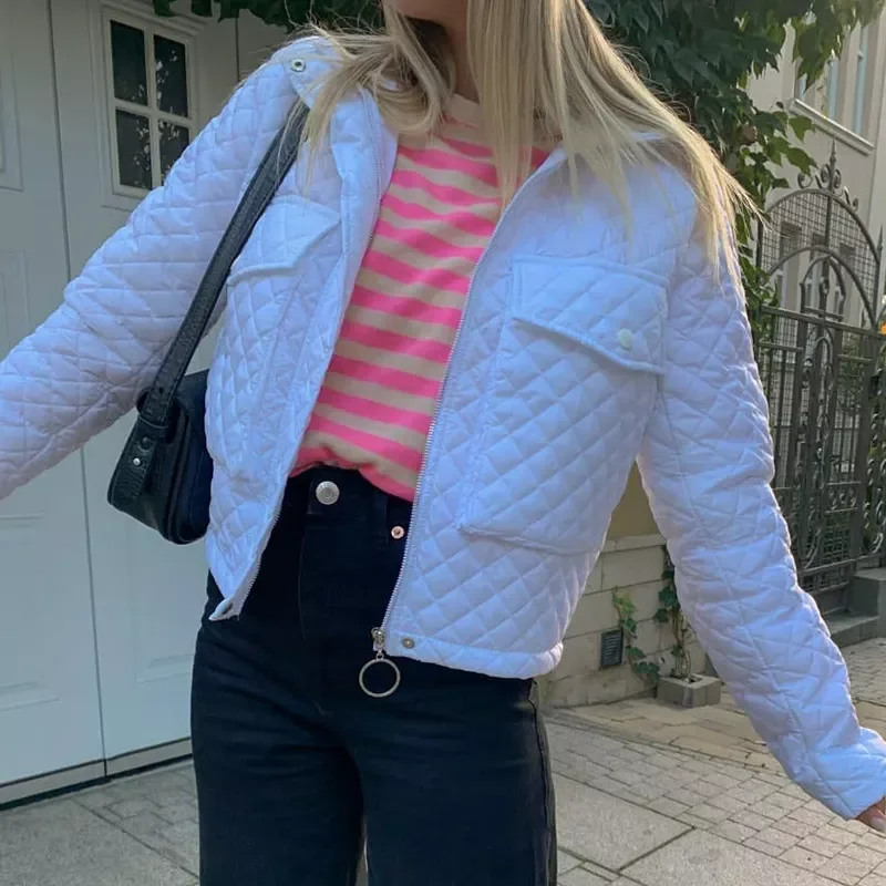New2022 Purple Quilted Jackets for Women 2021 fashion Autumn Winter Zip Up Cute Bubble Coat Street Outwear casual White