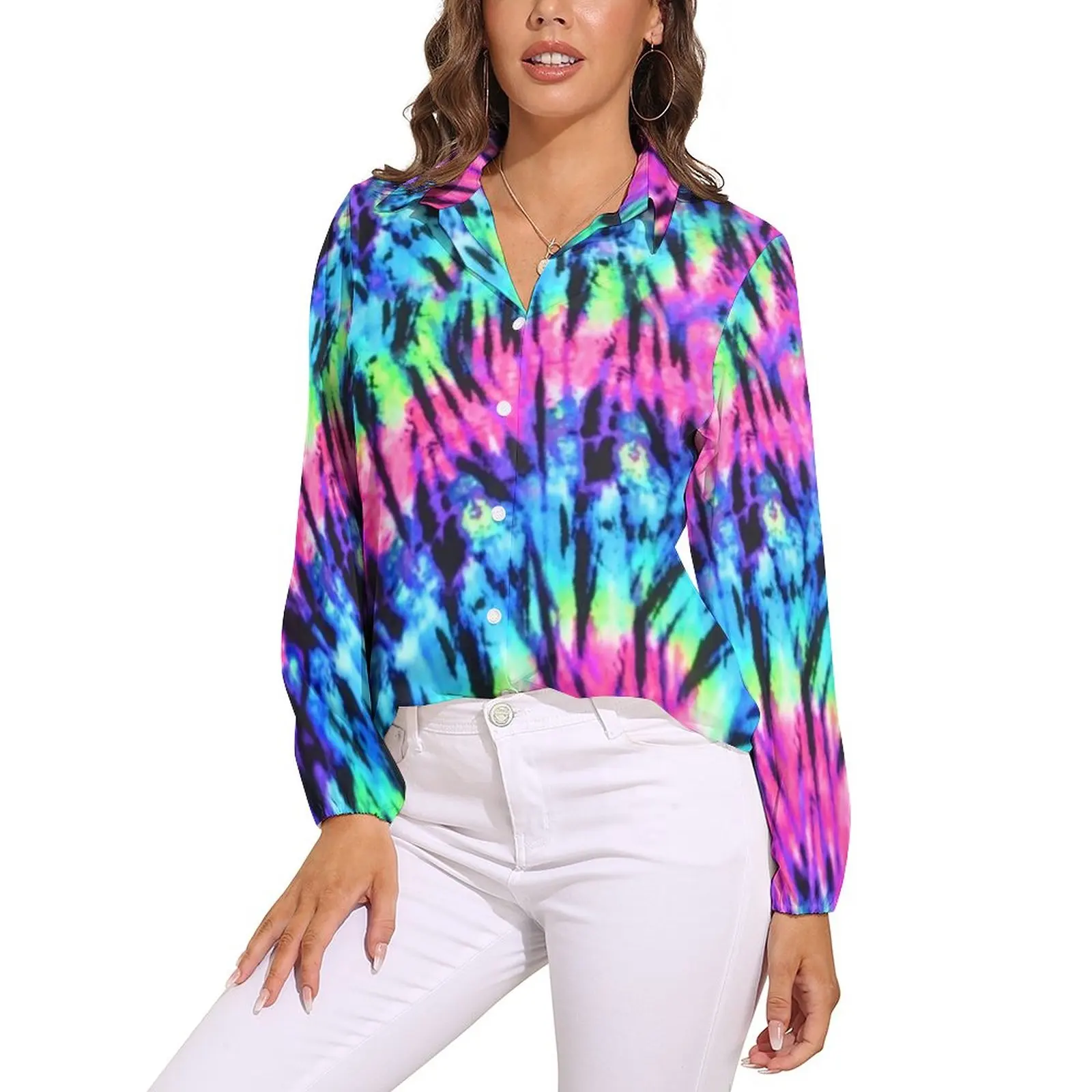 

Блузка женская с забавным принтом, Классическая рубашка с цветным принтом в стиле ретро, с длинным рукавом, одежда оверсайз, осень