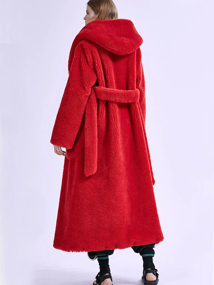 Winter Fashion Thick Warm Blue Long Hooded Fur Coat for Women Elegant Plush Overcoat Ladies Red Faux Fur Jacket Outerwear