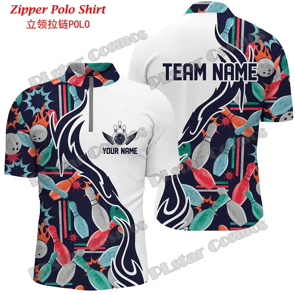 Personalized Name Bowling Team Jerseys 3D Printed Men's Quarter-Zip polo Shirt Summer Unisex Casual Jersey Zipper PO48