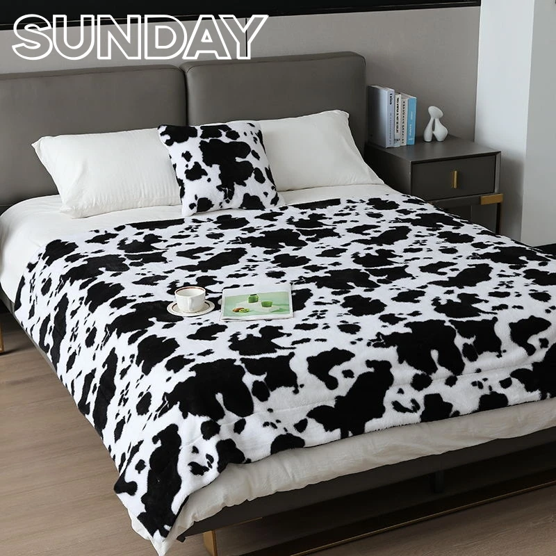 

Imitation Fur Black White Spots Blanket for Bed Winter Plush Sofa Cover Luxury Milk Cow Pattern Bedroom Throw Blanket Pillowcase