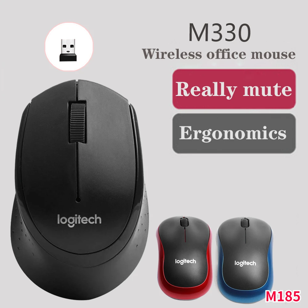 Logitech M330/M185 Wireless Mouse Silent Mouse 2.4GHz USB 1000DPI Optical Mouse for Office Home Using PC/Laptop Mouse Gamer