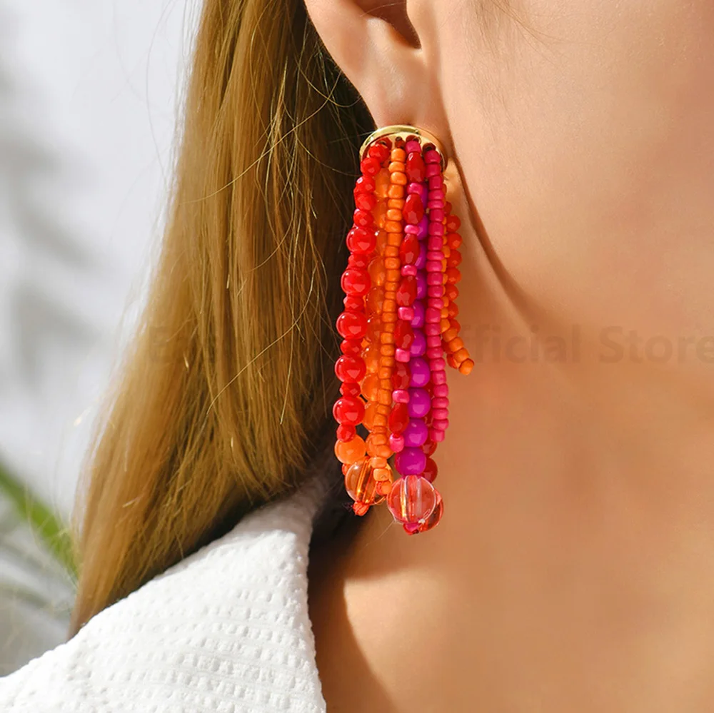 

Bohemian Fashion Tassel Acrylic Beaded Party Luxury Jewelry For Women Boho Trend Charm Unusual Holiday Long Hanging Earrings