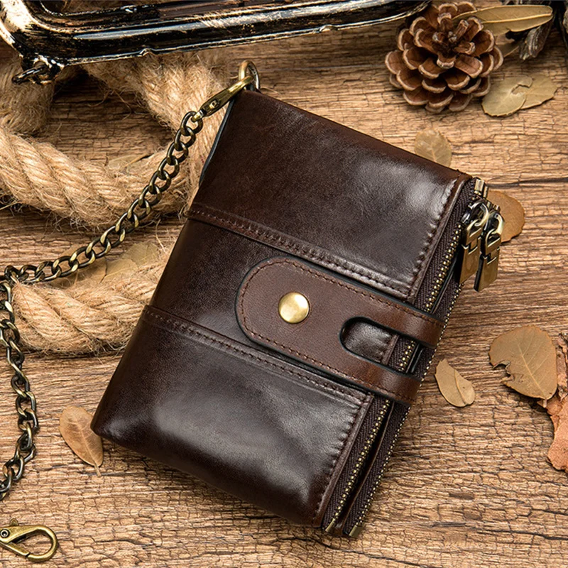 

Top Quality Men Women Genuine Leather Wallet Small Card Purse With Iron Chain RFID Anti Theft Zipper Wallets Multi Card