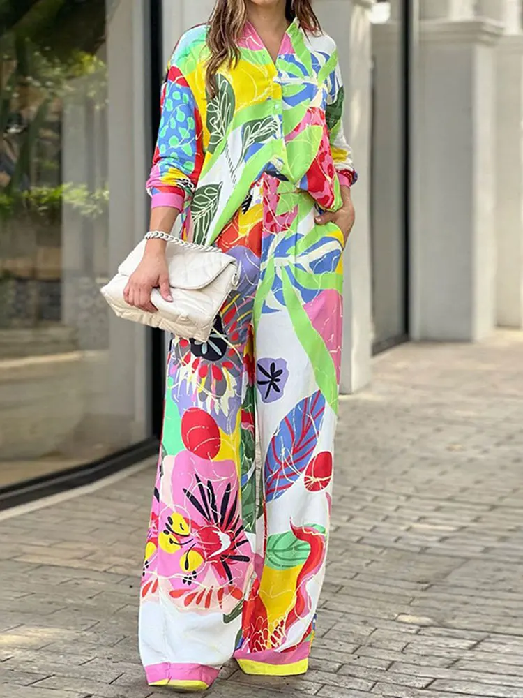 

Casual Printe Shirt Wide-legged Pants 2 Piece Set Spring/Autumn Women Plus Sze Fashion Top Pant Suits Lady Two-Piece Sets A1957
