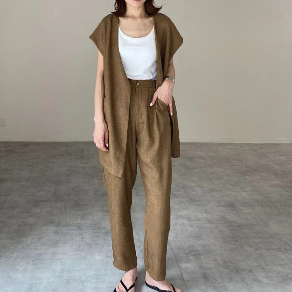 

2022 Summer New Simple Temperament Cotton Hemp Two-piece Set For Women Thin Summer Japan Korean