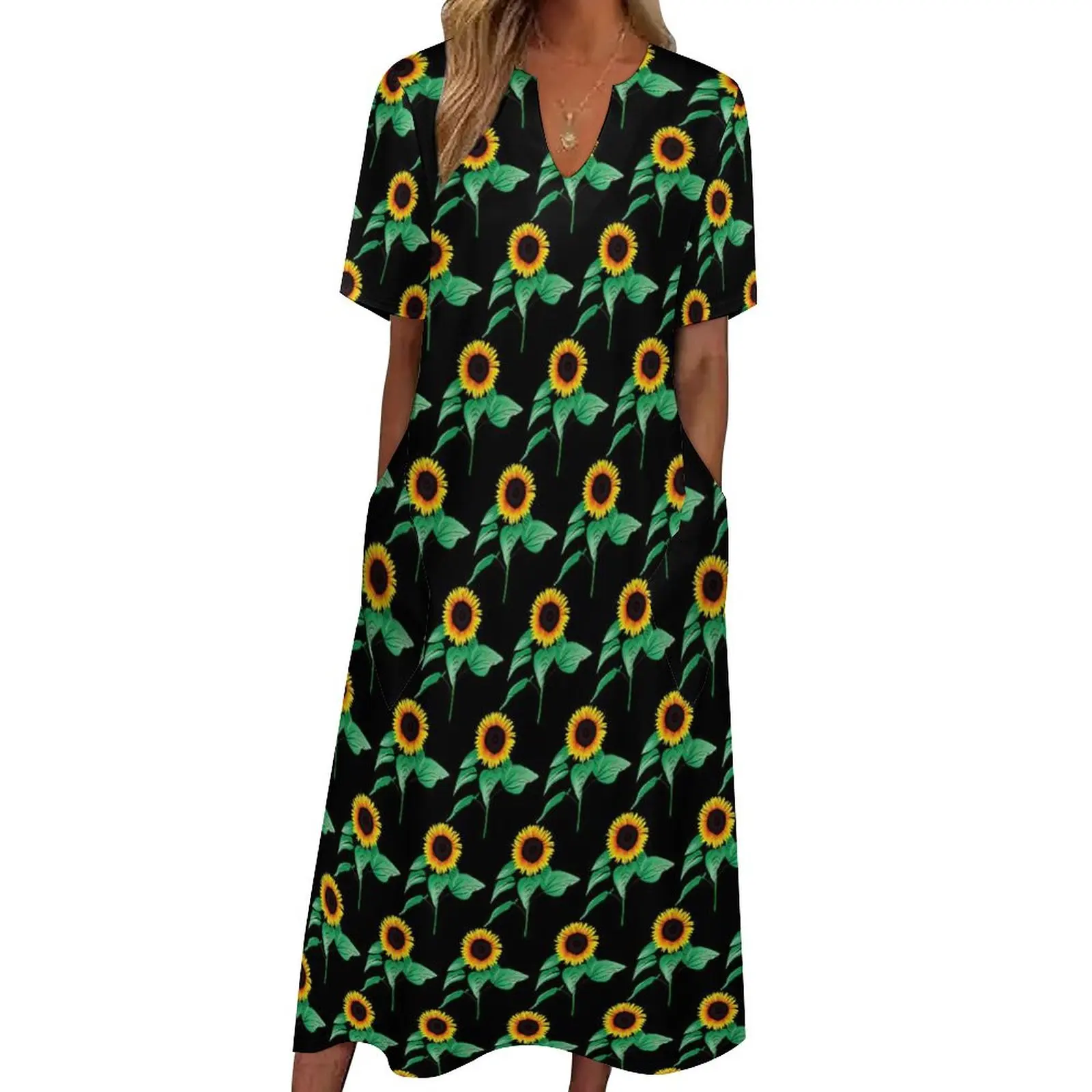 

Art Sunflower Dress Nature Floral Print Vintage Maxi Dress Korean Fashion Bohemia Long Dresses V Neck Printed Oversize Vestidos