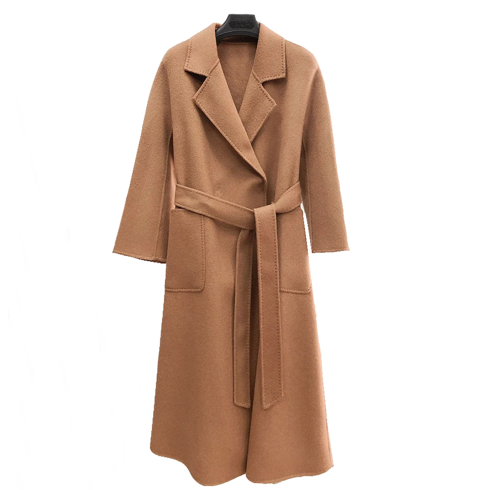 

Autumn Winter Korean Women Wool Coat Long Cashmere Jacket Water Ripples Turn Down Collar Fashion Streetwear With Belt Max Woolen