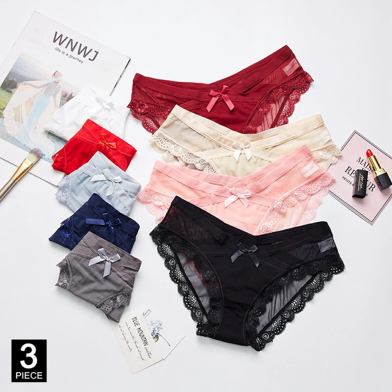 

Sexy Cotton Panties Women Transparent Mesh Briefs Ladies Breathable Underwear Girls Low-Rise Floral Panty 3 Pcs/set