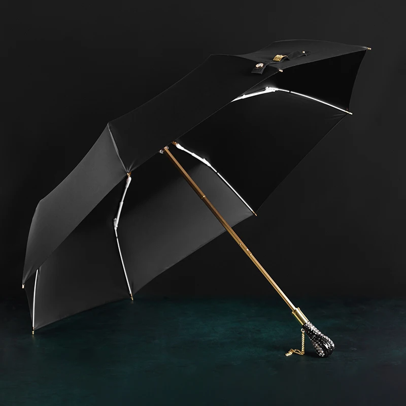 Черный деловой складной зонт роскошный с ручкой дрелью Солнцезащитный для