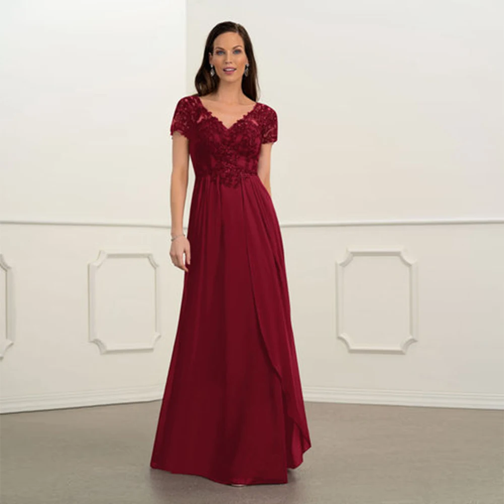 

Burgundy Mother Of The Bride Dresses A Line V Neck Short Sleeves Floor Length Wedding Guest Dress Vestidos De Fiesta Para Bodas