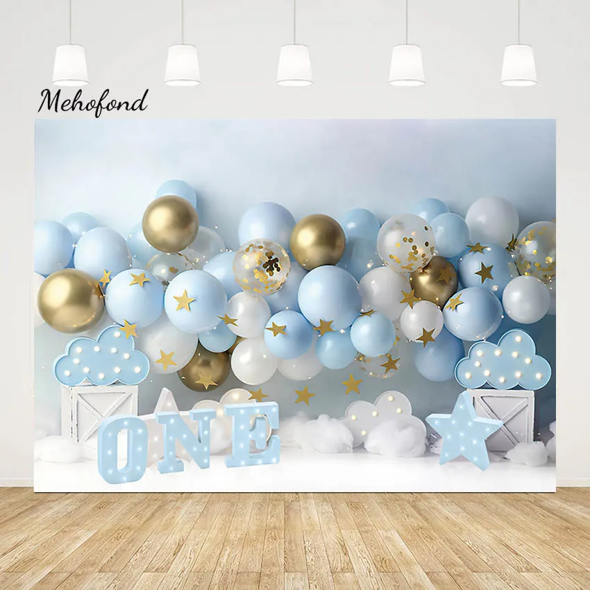 

Фон для фотосъемки Mehofond для детей первый день рождения Синий Золотой воздушный шар звезда декорация для фотостудии