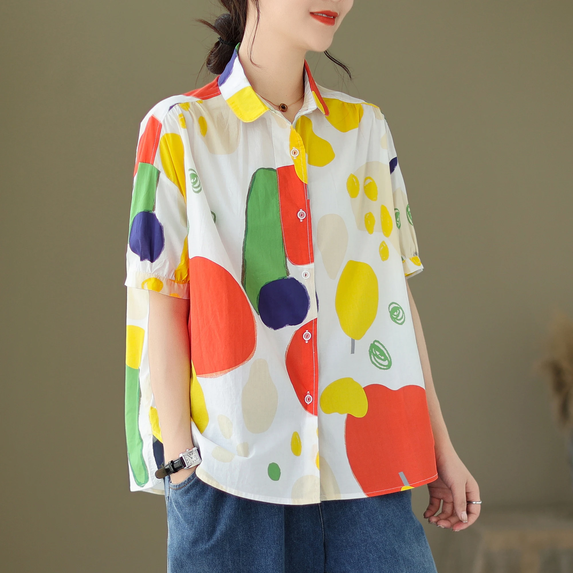 

2023 Summer New Casual Fun Graffiti Print Lapel Sweet Cute All-match Appears Thin Loose Short Sleeve Women Shirt Top Z342
