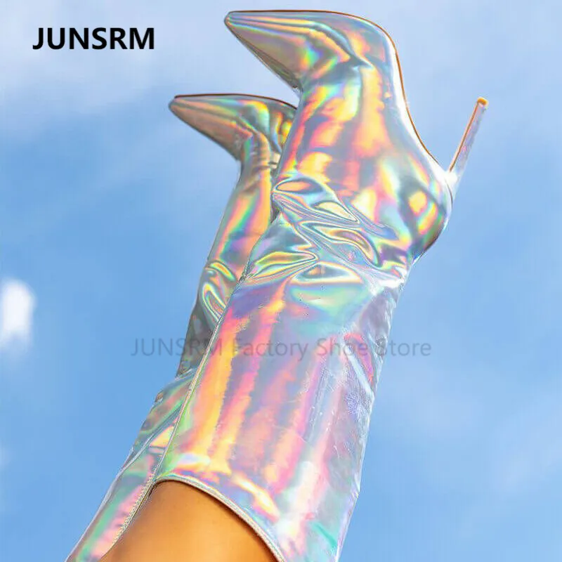 2022 Metallic Sheen Mirror Pink Stiletto Heels Boots Pointed Toe  Calf High Heels Bootes Women Party Wedding Nightclub Bootias