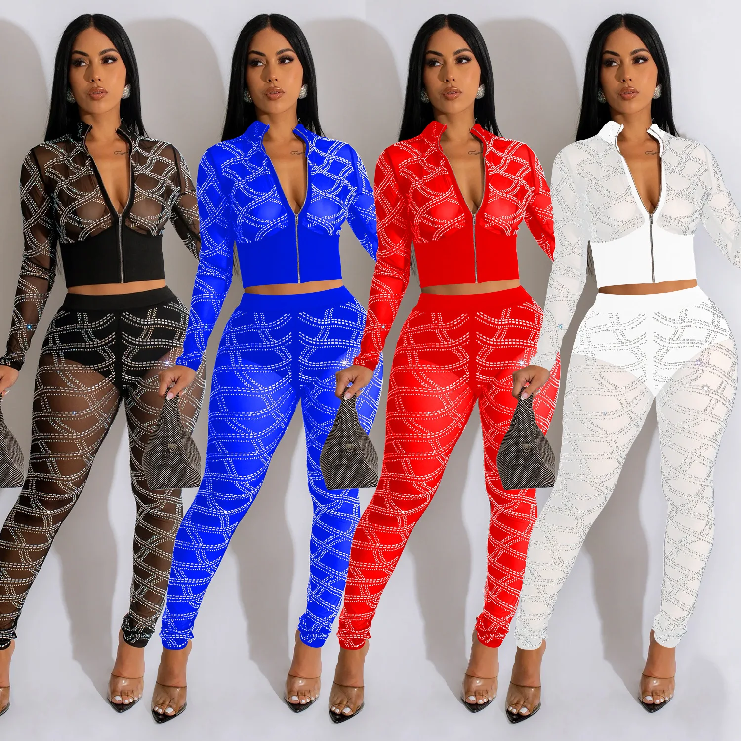 

Mesh See Though Diamonds Hot Drill Geometric Women's Pants Set Long Sleeve Top and Pants 2023 Two 2 Piece Set Outfit Tracksuit
