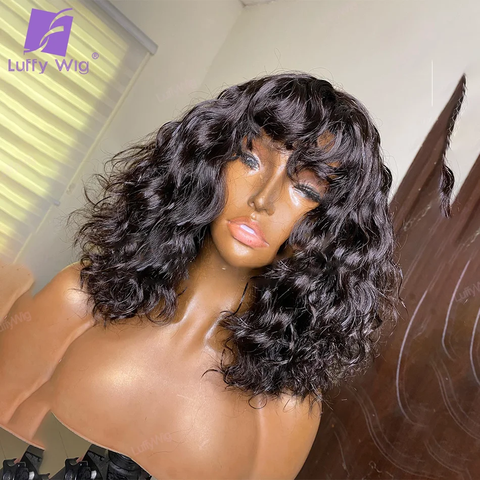 Natural Wave Wig With Fringe Bangs Brazilian Remy Full Machine Made Human Hair Wig Glueless 180 Density For Women O Scalp Top