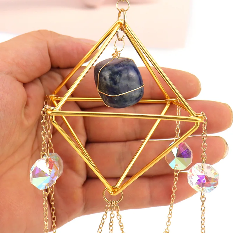 Sun Catcher Lamp Stand Hanging Window Garden Crystal Water Drop Decoration Handmade Copper Wire Wrap Natural Gravel Ornament