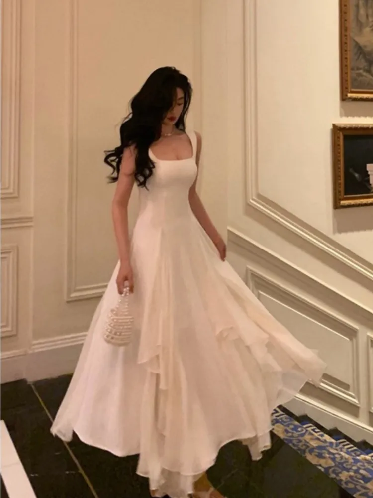 Летнее элегантное однотонное длинное платье-бретелька женское винтажное платье