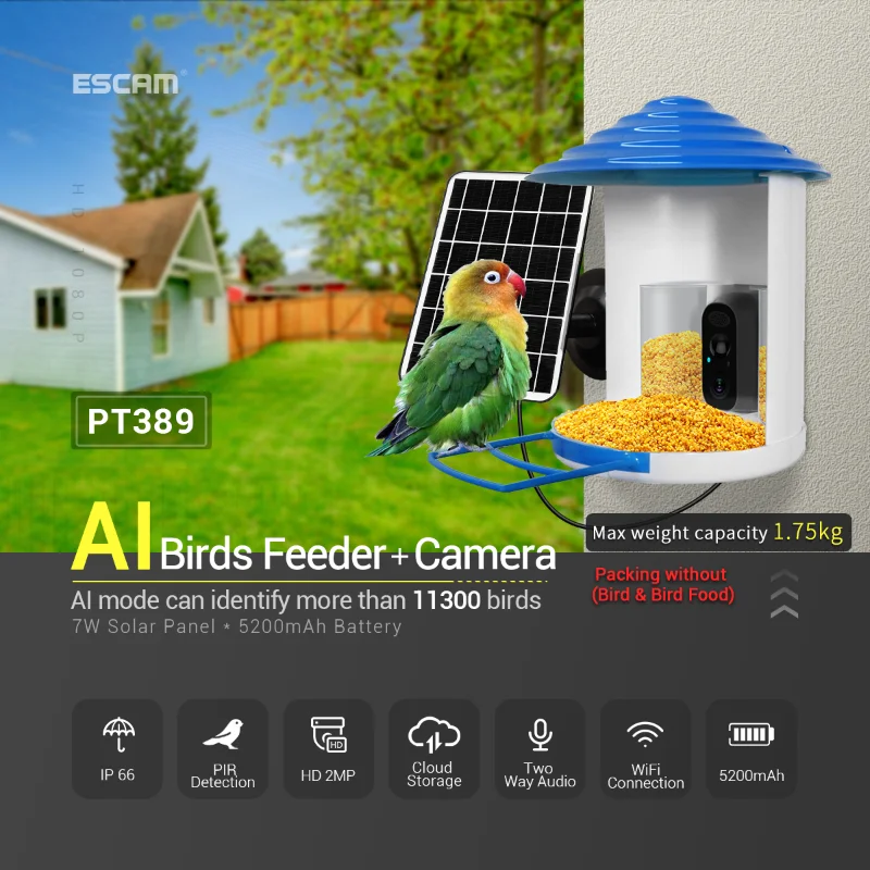 

ESCAM PT389 2MP PIR IP66 waterproof Wireless Bird Feeder Built in Battery Auto Capture two-way audio night vision WiFi camera