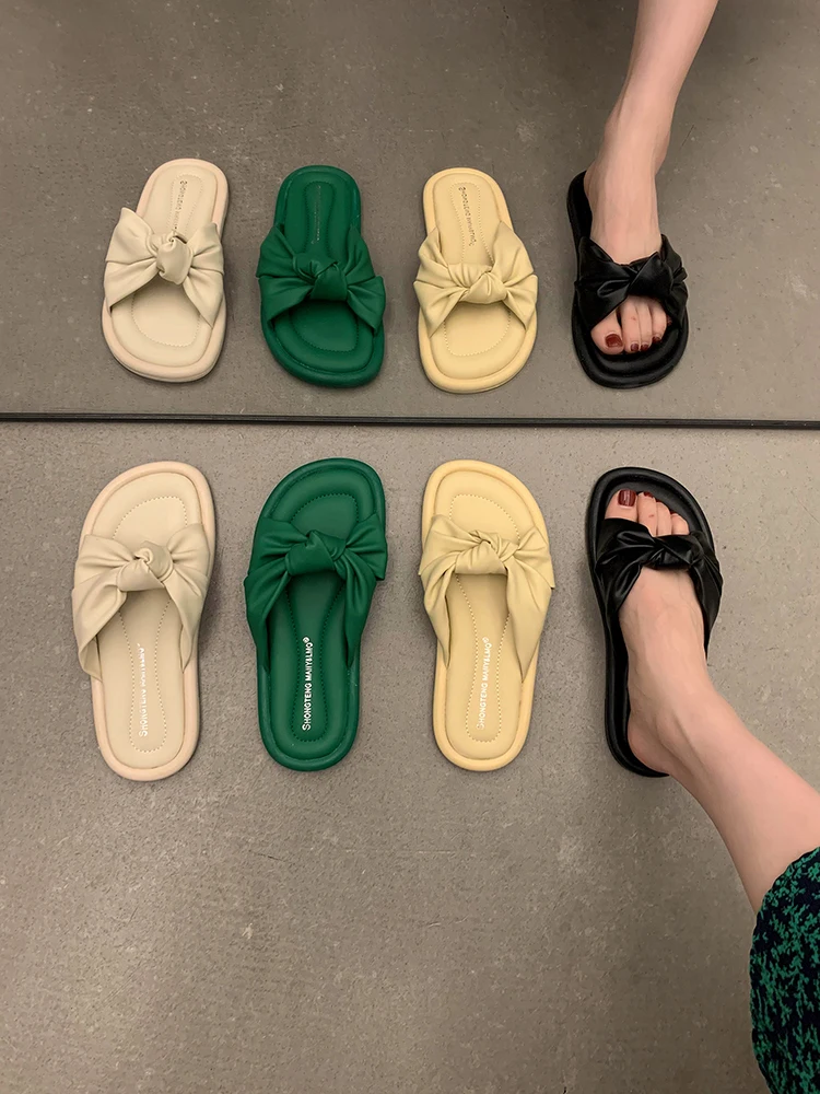 

Low Shoes Woman 2022 Female Slippers Luxury Slides Platform Butterfly-Knot New Designer Flat Soft Casual PU Basic Rubber Butterf