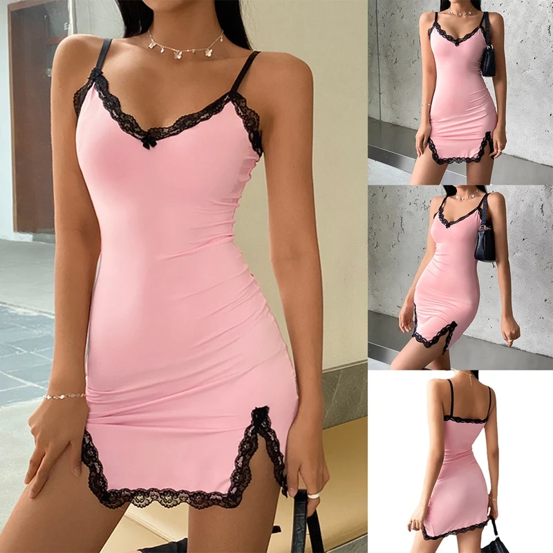

Lace Dress Sexy Mini Summer Sleeveless Backless Party Clubwear Pink Dresses