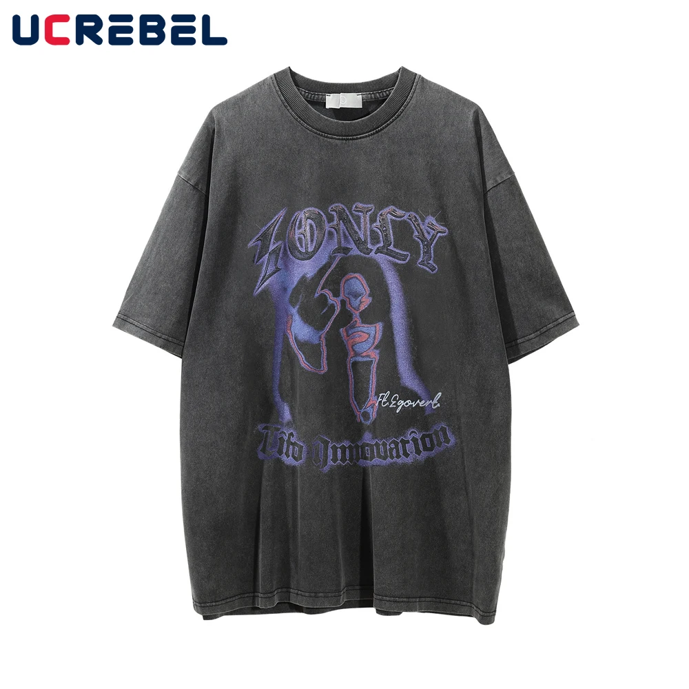 

Футболка мужская с надписью, короткий рукав, Свободный Повседневный Топ с открытыми плечами, потертая хлопковая рубашка, в стиле Хай-стрит