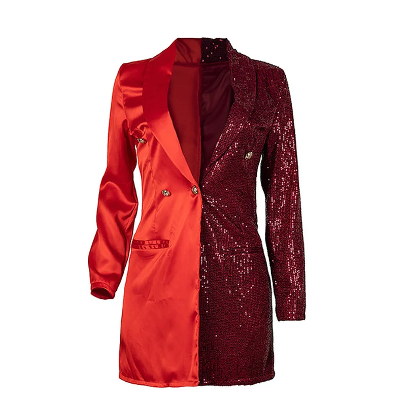 2021 Spring Autumn New Fashion Blazer Office Work Wear Red Sexy Sequined Patchwork Blazers Single Button Long Sleeve Suits Women