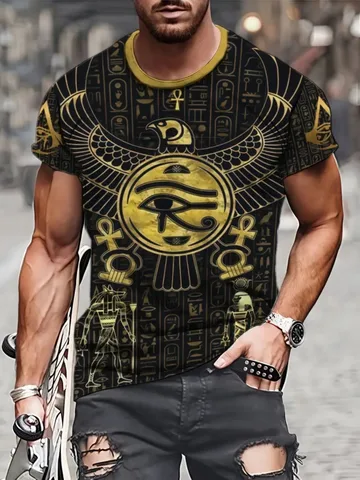 Мужская летняя уличная футболка с 3D цифровым принтом — футболка с египетской иероглифой и крылатым солнцем, черная и золотая графическая футболка