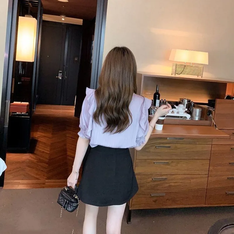 Модные шифоновые рубашки с оборками на воротнике и коротким рукавом Новинка лета