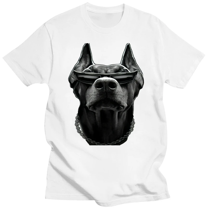 

Doberman T-Shirt Black Big Animal Print Dog with Sunglasses and Chain BABA